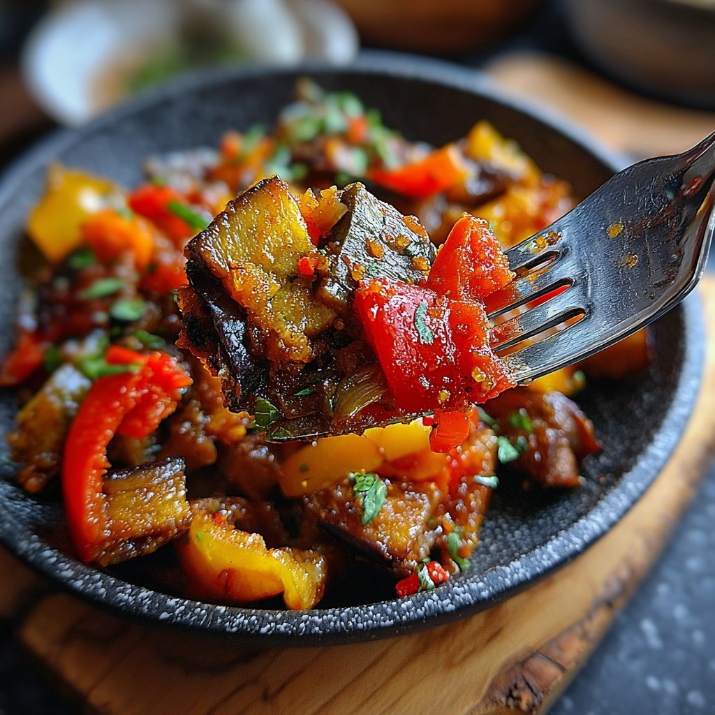 Salteado rústico de berenjena y pimiento