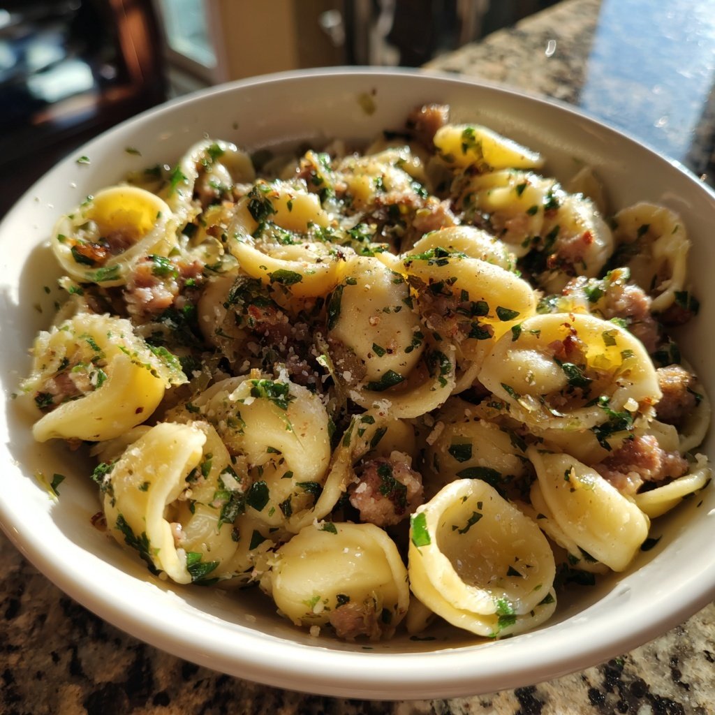 Orecchiette salchicha puerro copioso