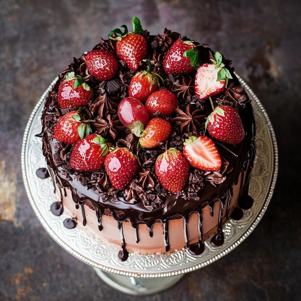 Tarta de trufa de chocolate oscuro con fresas