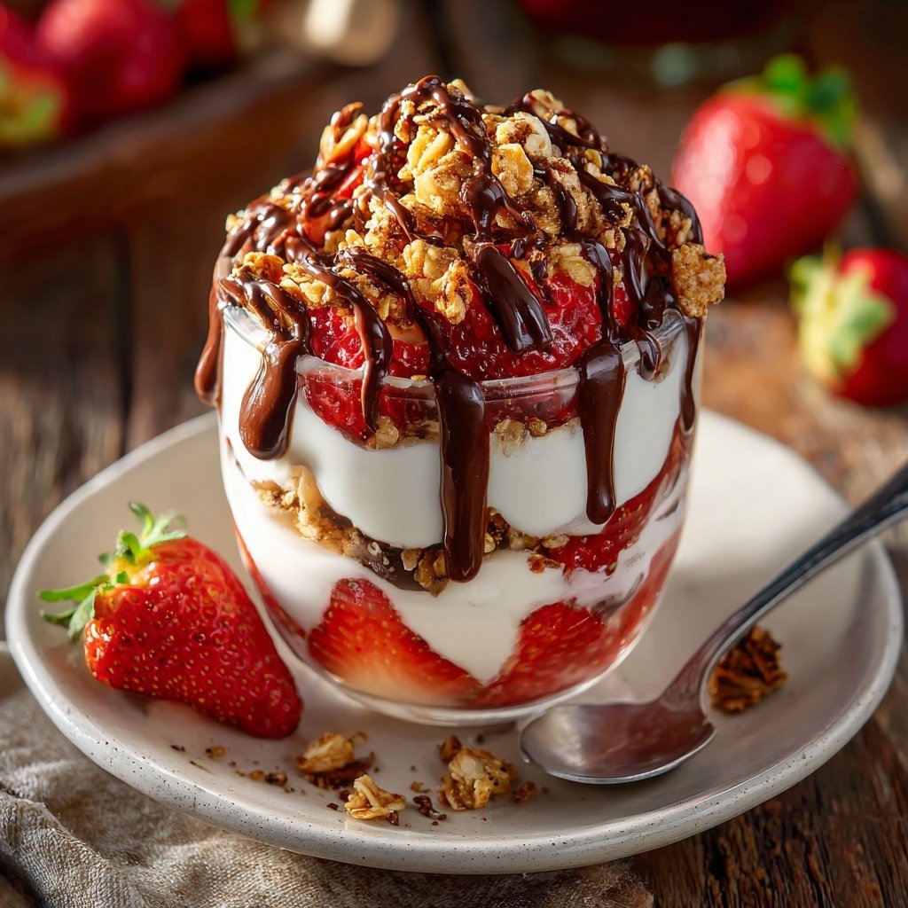 Parfait de yogur de fresa con chocolate