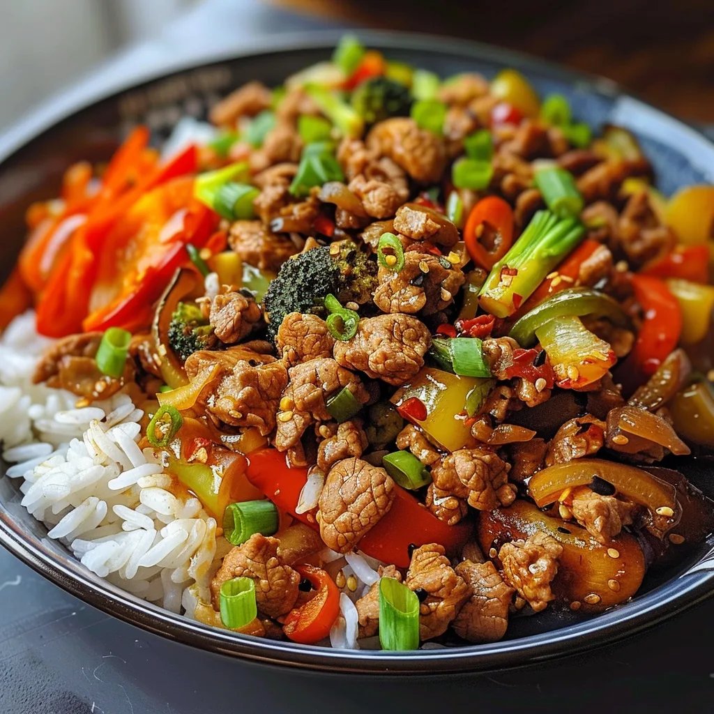 Salteado de carne picada picante con verduras al ajillo y arroz al vapor