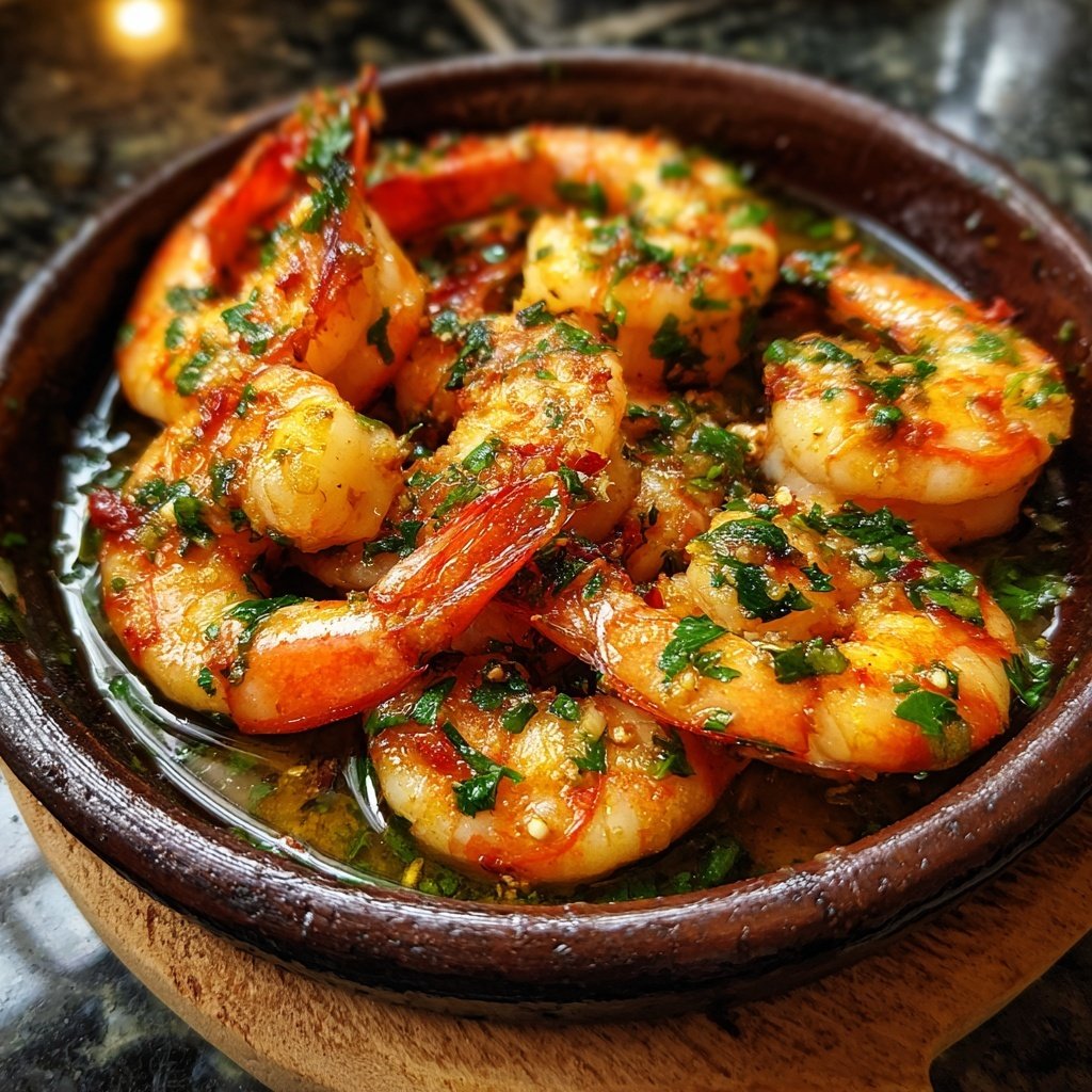 Gambas al ajillo con aceite de oliva y guindilla​