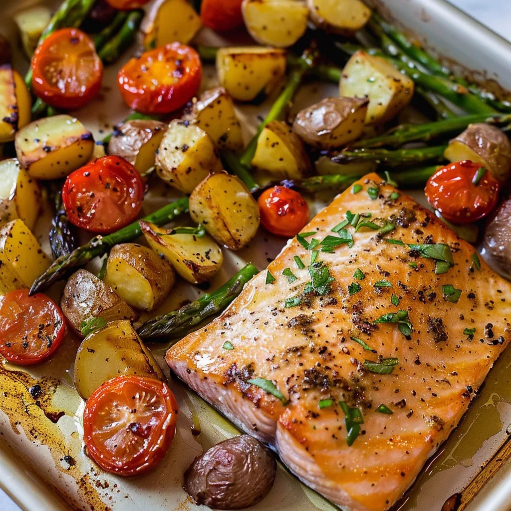 Salmón y patatas con verduras al horno