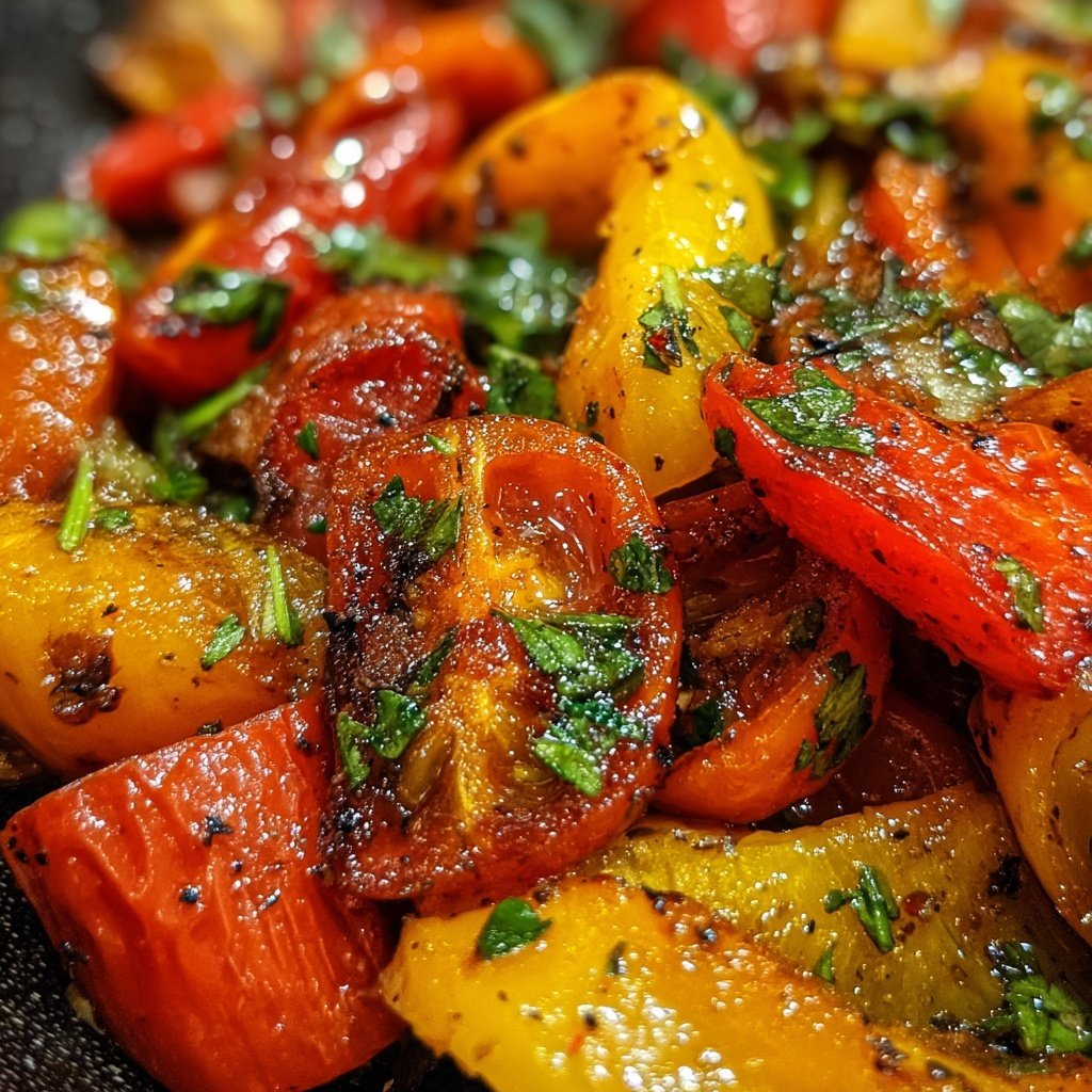 Salteado mediterráneo de tomate y pimientos