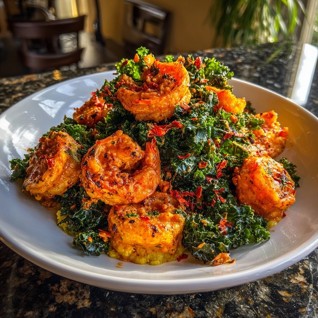 Camarones picantes puré coliflor kale