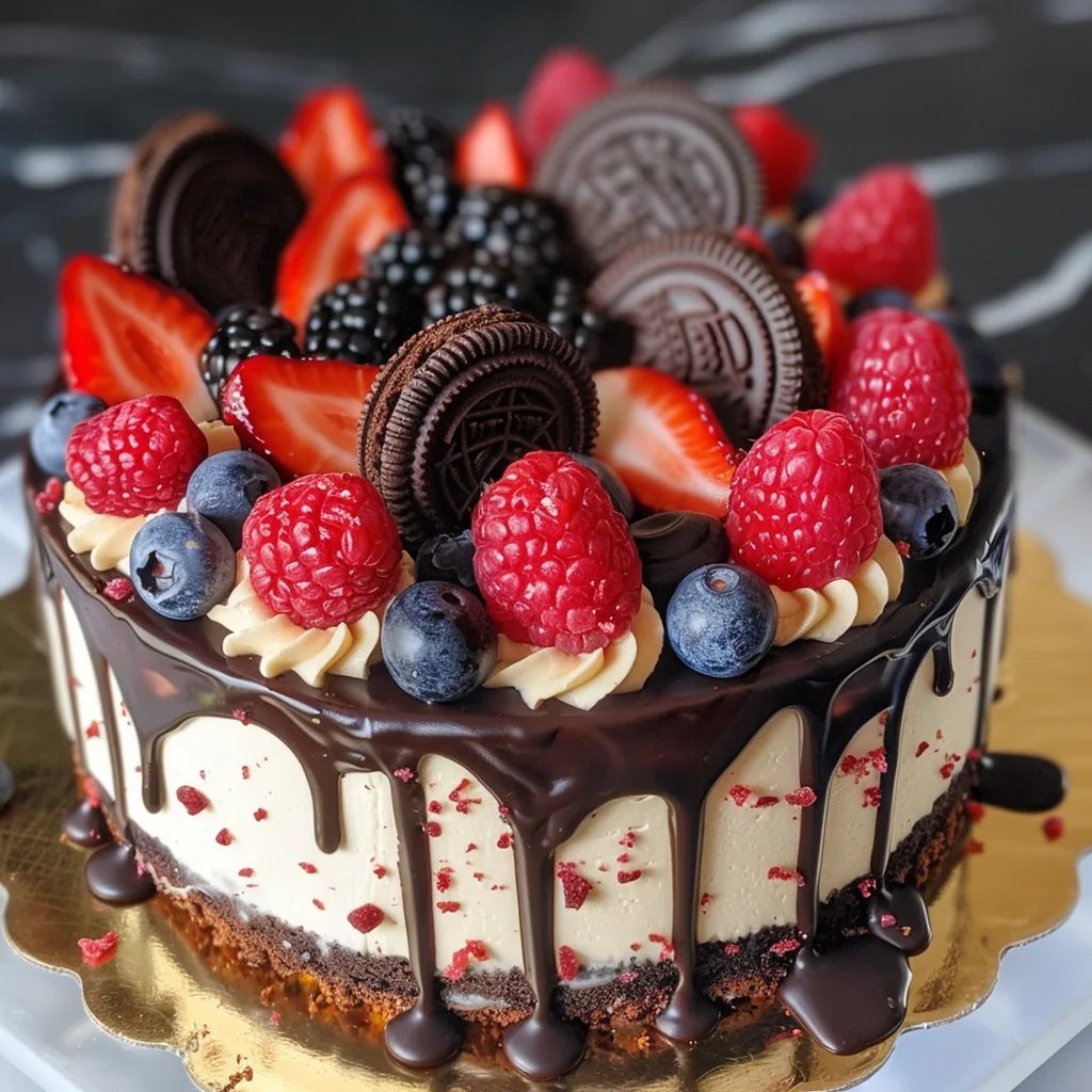 Tarta de Oreo y fresa con drip