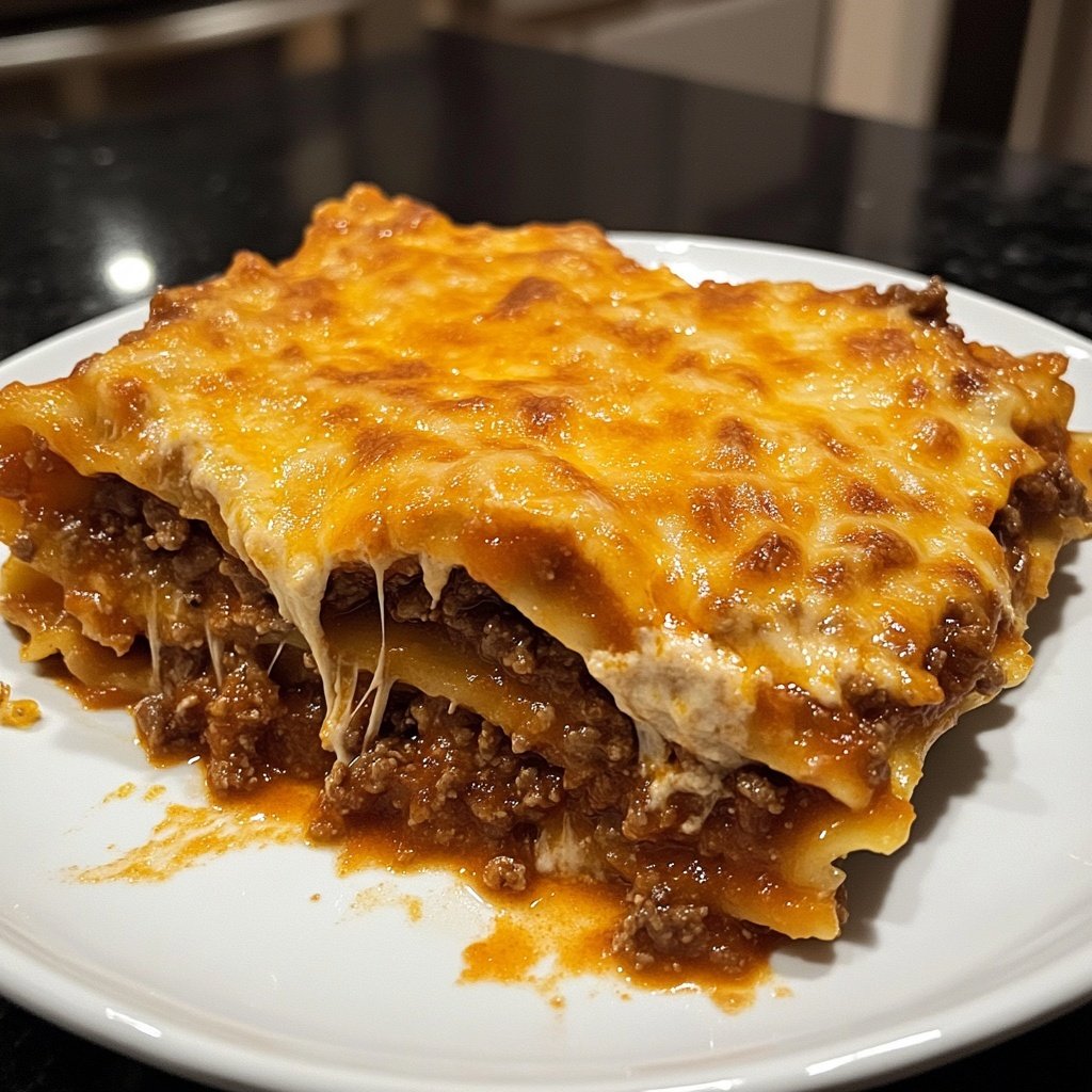 Lasaña casera de carne y queso gratinada