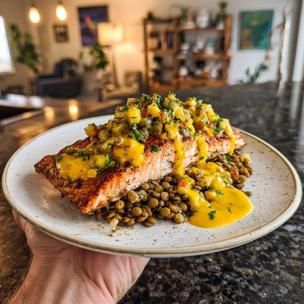Salmón lentejas salsa limón horneado